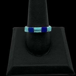 Zuni Native American Sterling Silver Turquoise Lapis Multi Stone Inlay Ring 9.75